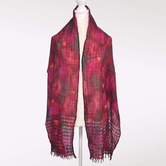 Felted Wool Shawl Scarf Wrap Red Pink Orange Black Multicolor Boho Fringe - Picture 1 of 6